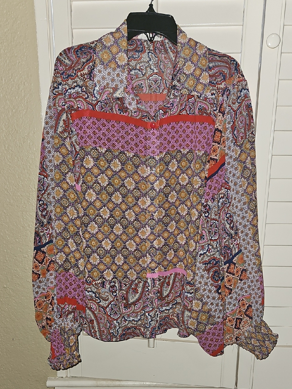 eesome Mixed-Print Boho Blouse in Pink, Gold and Red